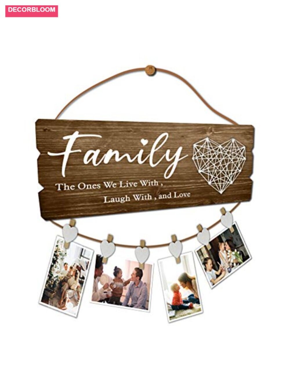 Wooden Family Photo Display Plaque String Art Heart Clips Wall Decor